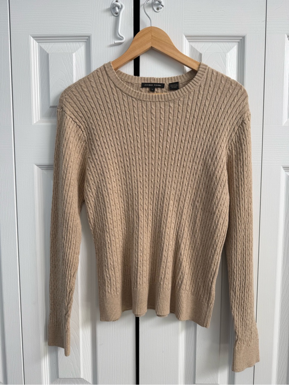 100% Cotton Beige Tan Women's Cable Knit Crewneck Sweater